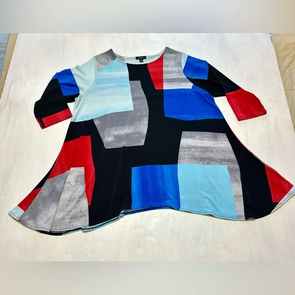 Alfani Women’s 2X High Low Colorblock Blouse Black Blue Red 3/4 Sleeve - Picture 2 of 9